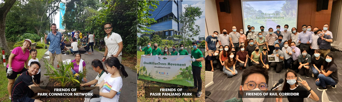 Three groups of people outdoors and indoors, participating in activities related to parks and environmental movements.